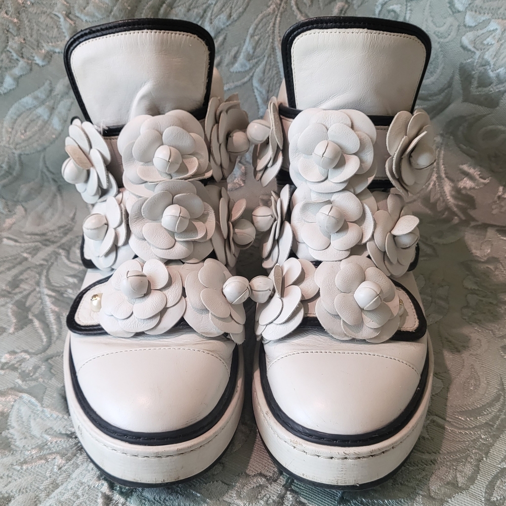CHANEL High Top Camellia Lambskin Sneakers 39 Pearl Grey